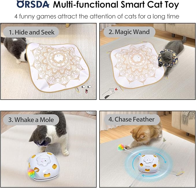 ORSDA Cat Toys for Indoor Cats, 4 in 1 Interactive Automatic Kitten Toys Hide and Seek with Mat, 8 Holes Mice Whack-A-Mole, Moving Wand Teaser Feathers,Rechargeable Electric Exercise Kicker Kitty Toy