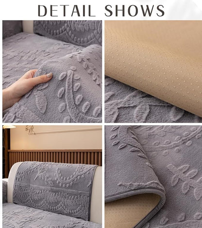 Grey Fuzzy Rabbit Plush Sofa Cover Cozy Warm Sofa Couch Covers with 3D Jacquard Leaf Pattern Non-Slip Easy-to-Install Shaggy Sofa Slipcover Prefect for Kids Dogs Cats Cats(Grey,36"x47")