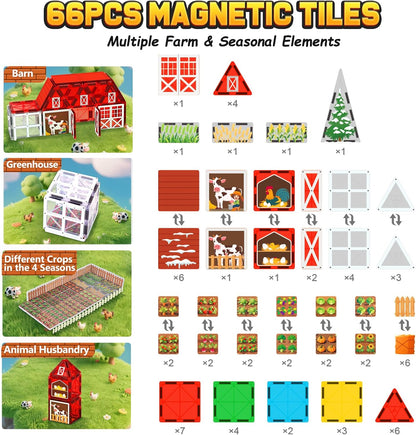 Magnetic Tiles Farm Animal Toys 66P - Build 4-Seasons Farm Scene, Farm Magnetic Blocks for Kids Ages 3-5 4-8 Boys Girls, STEM Magnet Toys for Classroom Indoor Outdoor, Kids Gift for Birthday Christmas