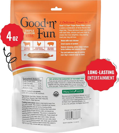 Good ‘n’ Fun Triple Flavor Ribs Chews for All Dogs, 4 Ounces, Treat Your Dog to Long-Lasting Chews Made with Beef Hide, Chicken and Pork Hide