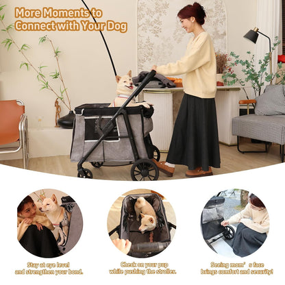 Medium Dog Stroller for Small to Large Dogs 4 Wheels Multi Pet Stroller for 4 Dogs Holds Up to 66lbs, One-Click Folding&Smooth Tires&Sunshade & Storage Basket (Gray, Medium)