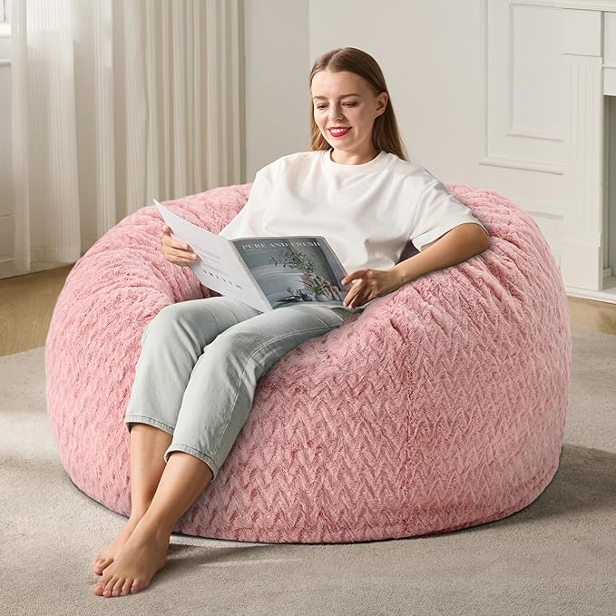 3ft Bean Bag Chairs for Adults Large Beanbag Chair with Chevron Plush Fur Cover Big Bean Bag Chair for Living Room Bedroom Dorm (Pink)