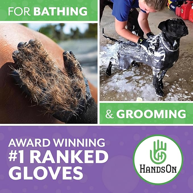 H HandsOn Pet Grooming Gloves - Patented #1 Ranked, Award Winning Shedding, Bathing, & Hair Remover Gloves - Gentle Brush for Cats, Dogs, and Horses (Green, X-Large)