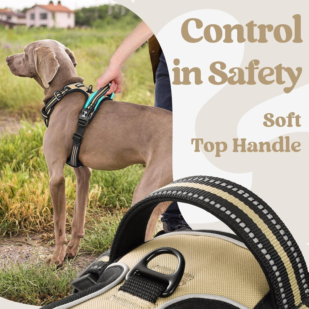 rabbitgoo Dog Harness for Large, No Pull Pet Harness with 3 Buckles, Adjustable Soft Padded Vest with Control Handle, Walking Reflective Pet Vest for Large Dogs, Beige, L