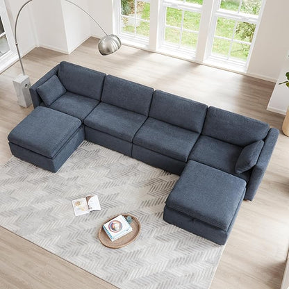 CHITA Oversized Modular Sectional Fabric Sofa Set, FSC Certified Extra Large U Shaped Couch Reversible Chaise Modular Sectional Couch,146 inch Width,6 Seat Modular Sofa with Storage Ottomans, Blue