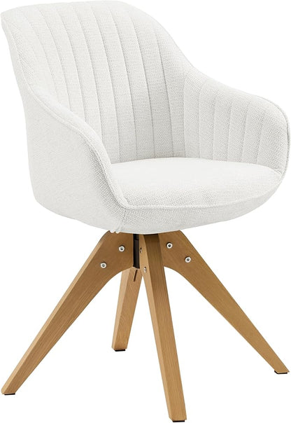Art Leon Dining Chair, Mid Century Modern Fabric Upholstered Swivel Dining Room Chair with Oak Wood Legs, Leisure Side Chair with Arms for Living Room, Off White