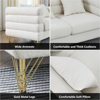 mikibama Luxury Teddy Sofa Set for Living Room, Modern Decor Furniture Sectional Sofa, 3 Seater Couch and Loveseat with 5 Pillows for Apartment, Office, Hall (White)
