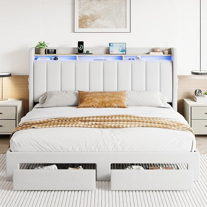 SHA CERLIN Velvet King Size Bed Frame with Vertical Channel Tufted Wingback Headboard & 2 Storage Drawers/2-Tier Shelves with LED Lights & Charging Station/Noise-Free/No Box Spring Needed/White