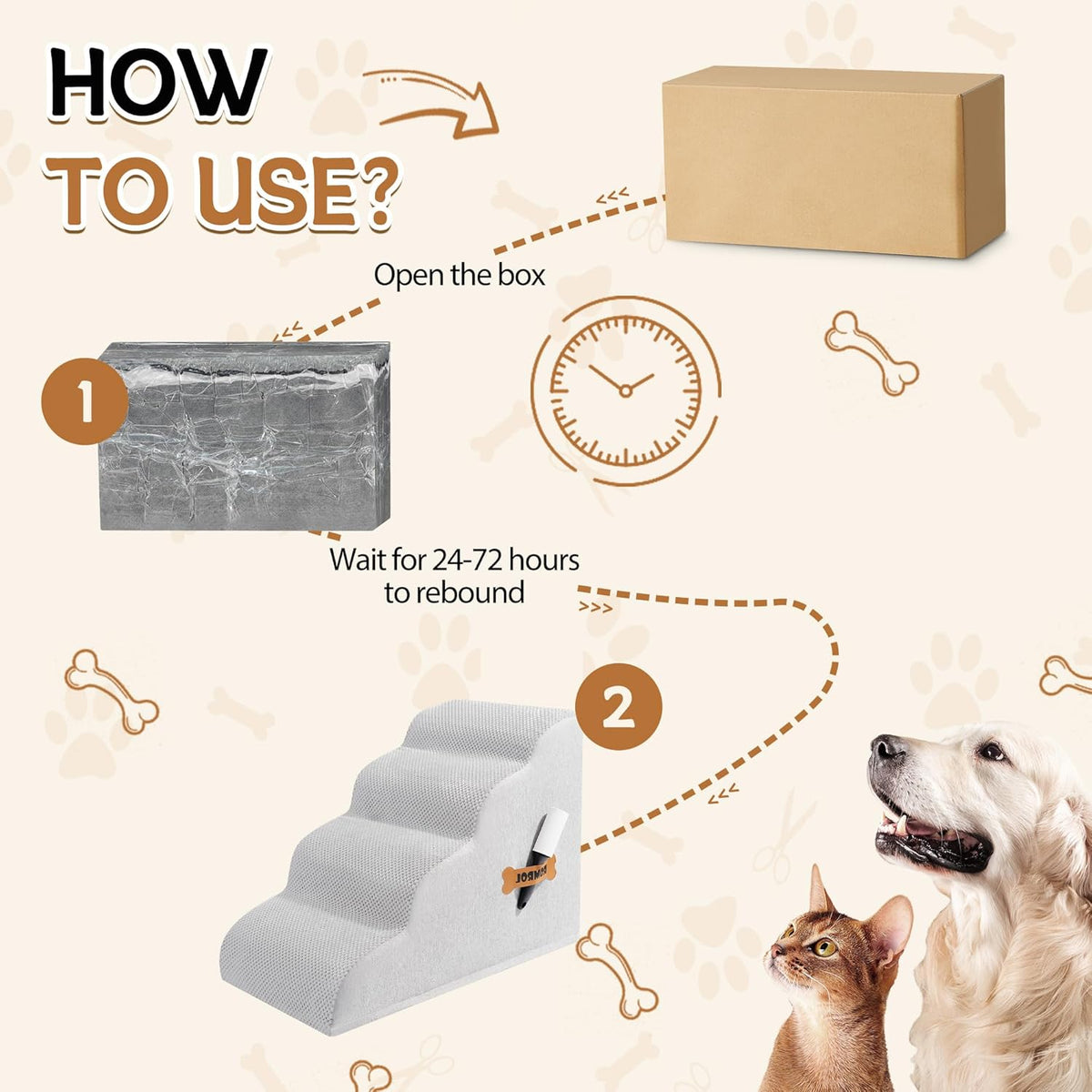 Romrol Dog Stairs Ramp for Beds Couches, Extra Wide Pet Steps with Durable Non-Slip Waterproof Fabric Cover, Dog Slope Stairs for Small Dogs and Cats or Pets Friendly, 4-TiersLight Grey