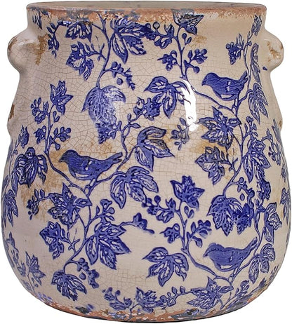 English Country Ceramic Planter, 6.7" Chinoiserie Vase & Utensil Holder | Vintage Crock Flower Pot with Drainage for Indoor & Outdoor Use, Rustic Farmhouse Kitchen & Garden Decor Gift (Blue Bird)
