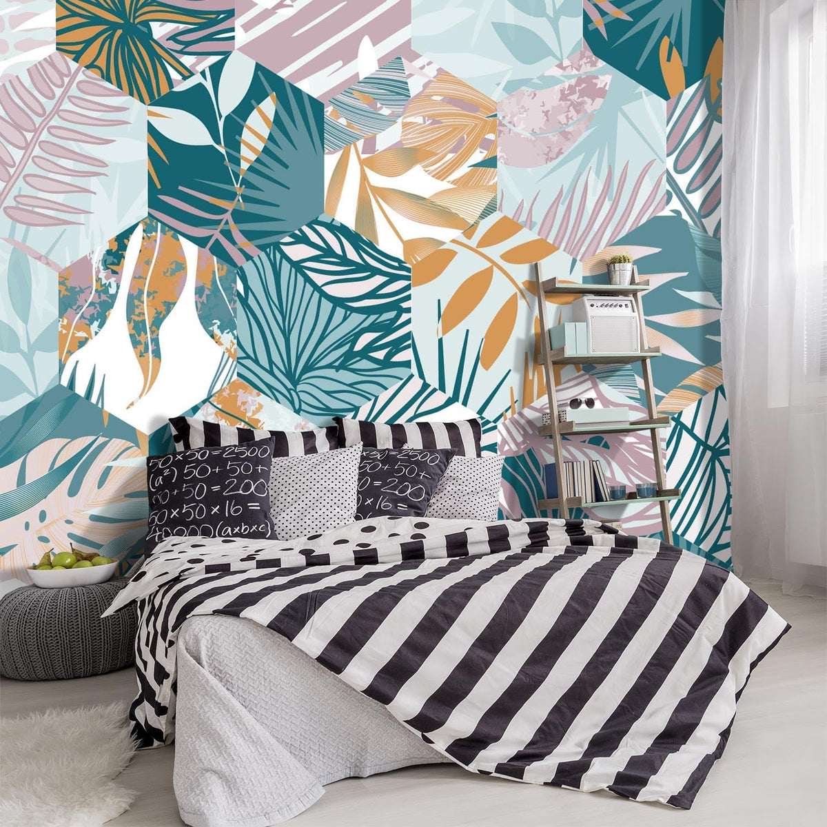 -Abstract Geometry Botanical Banana Leaf Fabric Wallpaper Living Room Bedroom Bathroom Tropical Plant Leaf Large Wall Mural- 183"x120"（ not Peel and Stick）