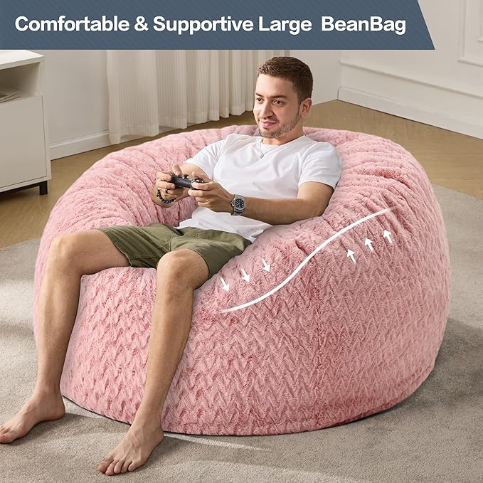 4ft Bean Bag Chairs for Adults Large Beanbag Chair with Chevron Plush Fur Cover Big Bean Bag Chair for Living Room Bedroom Dorm (Pink)