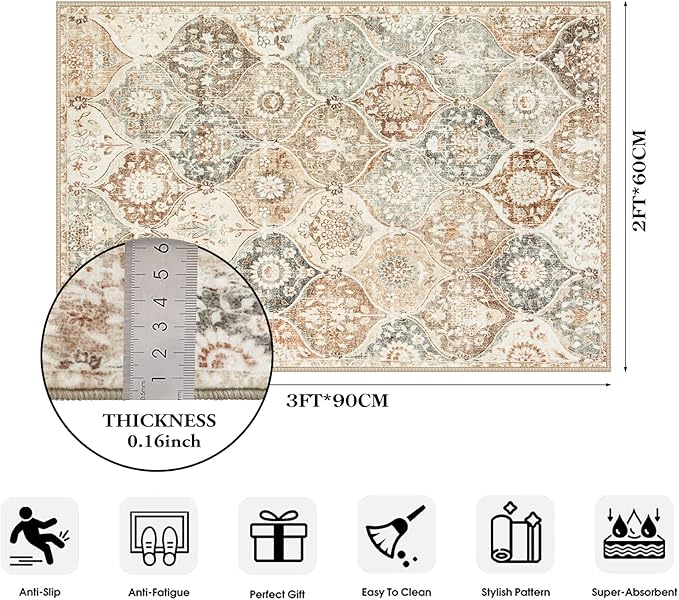 Lahome Moroccan Trellis Entryway Rug, 2x3 Kitchen Rugs Non Slip Washable, Non-Slip Indoor Door Mat Ultra-Thin, Small Throw Carpet for Bathroom Bedroom Entry, Khaki