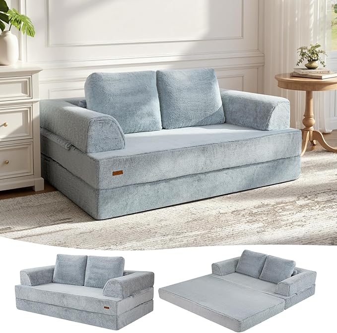 COMAX Convertible Sofa Bed, Folding Floor Couch Fold Out Couch Bed Futon Sleeper Mattress with Pillows, Boneless Sofa Comfy Lounge Loveseat for Living Room Bedroom, Snow Light Grey