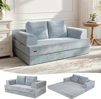 COMAX Convertible Sofa Bed, Folding Floor Couch Fold Out Couch Bed Futon Sleeper Mattress with Pillows, Boneless Sofa Comfy Lounge Loveseat for Living Room Bedroom, Snow Light Grey