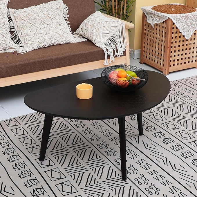 FIRMINANA Small Black Oval Coffee Table for Small Space , Simple Modern Center Table with OAK Wood Legs-Black-18.9" D x 33.47" W x 15.75" H