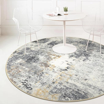 Lahome Modern Abstract Round Rug - 5Ft Grey Living Room Rugs Washable 5x5 Circle Rugs Indoor Dining Table Mat, Soft Non Slip Low Pile Office Carpet for Bedroom Playroom Kitchen Coffee Table