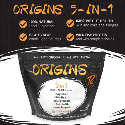 Origins 5-in-1 Dog Supplement - Powdered Food Topper w/Natural Omega 3 Fish Oil - Supports Healthy Digestion, Skin, and Coat - Helps Reduce Itching & Joint Inflammation (2 lbs)