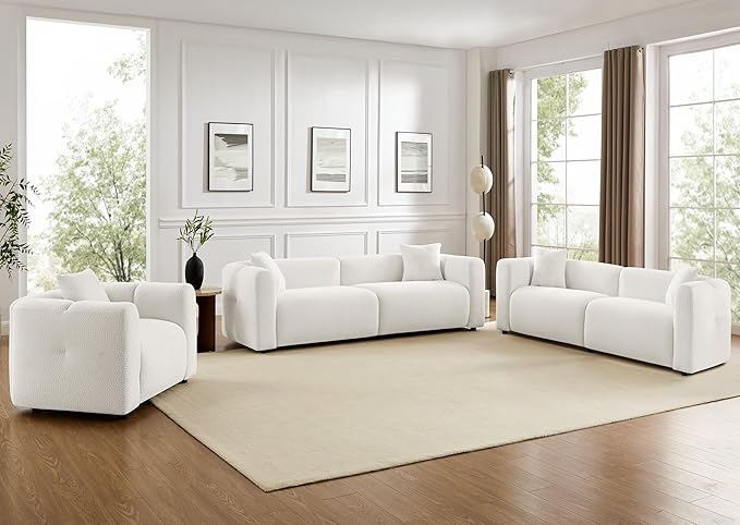 VANOMi Living Room Furniture Sets Include 95" Sofa & 42" Armchairs, Boucle Upholstered Oversized Couch with Pillows, Living Room Furniture Set for Bedroom Apartment (White, 2 Sofas+1 Chair)