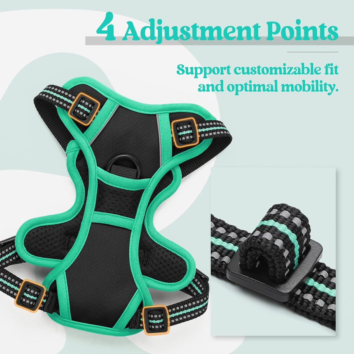 rabbitgoo Dog Harness No Pull with 2 Leash Clips, Adjustable Soft Padded, Reflective Oxford No Choke Pet Vest with Easy Control Handle for Puppy, Black & Turquoise, XS