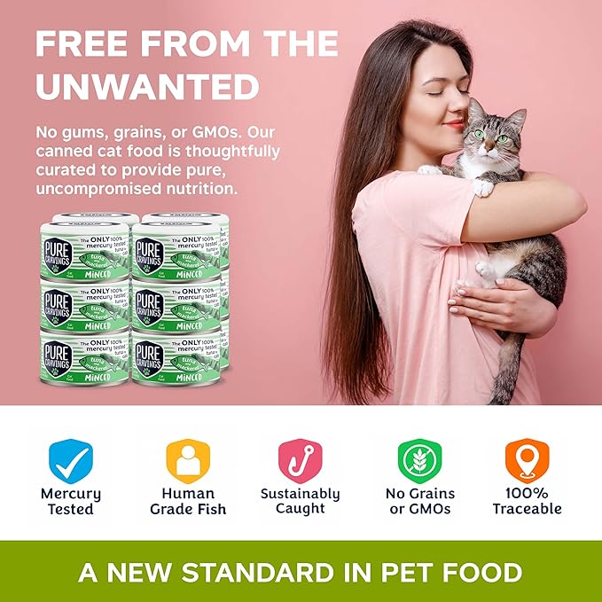 Pure Cravings Minced Tuna and Mackerel Wet Canned Cat Food, 100% Mercury-Tested Tuna, Moist Can Fish for Cats, Grain-Free, Protein, Non-GMO, 3oz, Pack of 12
