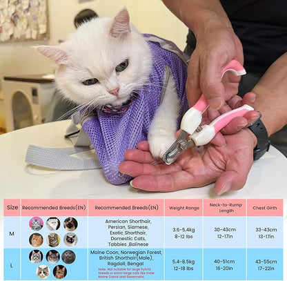 Cinf Cat Bathing Bag(Free Muzzle) Breathable Mesh Anti Scratch Adjustable Cat Grooming Bag for Nail Trimming, Bathing Soft Cat Washing Bag(Taro) L