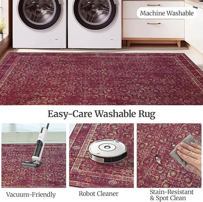 8x10 Soft Washable Area Rugs for Living Room and Bedroom, Non-Slip Stain Resistant Indoor Carpet, Cozy Floor Mat for Dining Room, Office, Under TableStain Resistant Persian red Floral