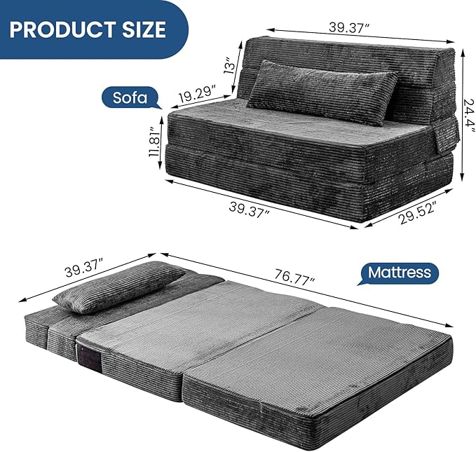 Folding Sofa Bed, Convertible Sleeper Chair with Pillow, High Density Memory Foam Fold Out Couch, Foldable Mattress Futon Sofa for Living Room/Dorm/Guest Use/Apartment/Home Office