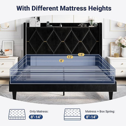 Allewie Velvet Full Size Upholstered Bed Frame with Wingback Storage Headboard & Charging Station, Platform Bed with Diamond Tufted Design & Gold Trim, No Box Spring Needed, Easy Assembly, Black