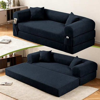 Convertible Futon Sofa Bed,80" Folding Pull Out Couch with Pillows & Storage Pocket, Oversized Queen Sleeper Sofa in a Box,Corduroy Boneless Couch for Living Room,Deep Blue