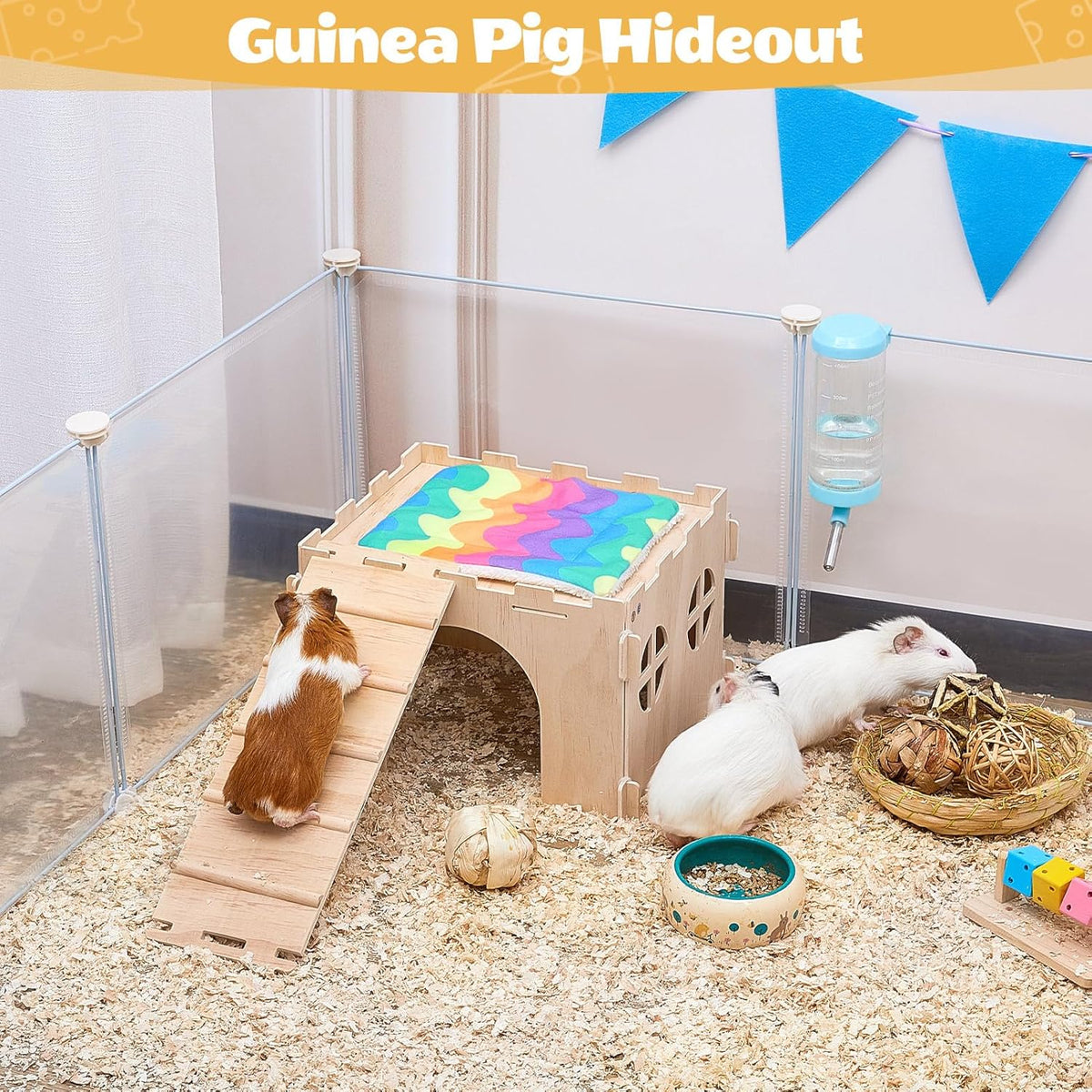 Guinea Pig Hideout, Guinea Pigs House with Stairs and Mats Extra Large Guinea Piggy Castle Detachable Hideouts for Small Animals Wooden Guinea Pig Habitats with Multiple Doors and Windows