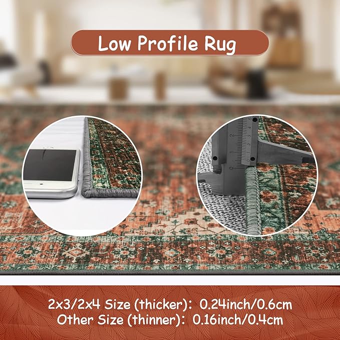 Moynesa Ultra-Thin Washable Runner Rug - 2x6 Non-Slip Non-Shedding Hallway Runner, Stain Resistant Kitchen Mat Laundry Entryway Carpet for Doorway Bedside, Brick Red/Dull Teal