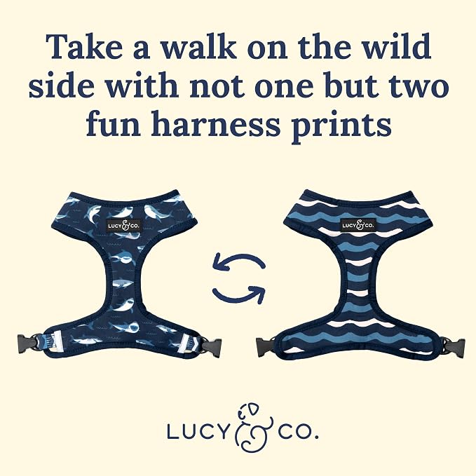 Lucy & Co. Reversible Dog Harness - Water-Repellent Neoprene, Dual-Print Design, Easy Swap Style, Adjustable Comfort Fit - Shark Attack Reversible Harness - Large