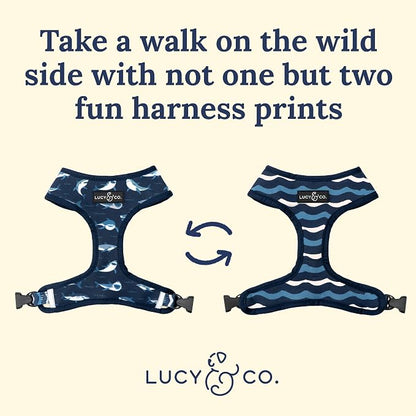 Lucy & Co. Reversible Dog Harness - Water-Repellent Neoprene, Dual-Print Design, Easy Swap Style, Adjustable Comfort Fit - Shark Attack Reversible Harness - Large