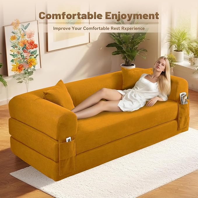 Convertible Futon Sofa Bed,80" Folding Pull Out Couch with Pillows & Storage Pocket, Oversized Queen Sleeper Sofa in a Box,Corduroy Boneless Couch for Living Room,Yellow
