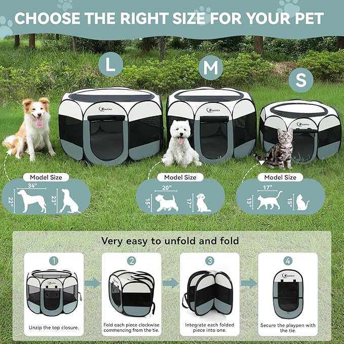 Sieidihit Dog Cat Pet Playpen Puppy Crate Cage Indoor Outdoor, Large Grey | Pet Nursing Enclosure Camping Rest Zone for Recovering Pets New Pet Quarantine Room Portable Pop Up Easy Set up lightweight