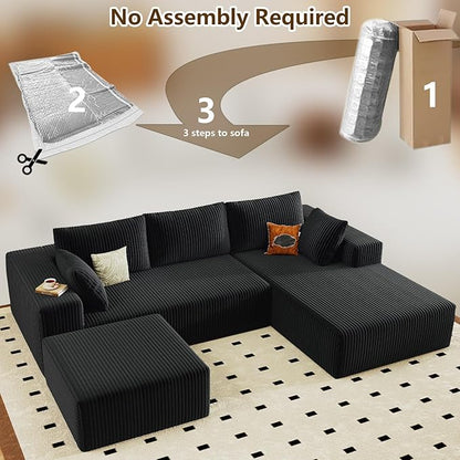 96" U-Shape Cloud Couch, Modern Modular Sectional L-Shape Sofa with Ottoman, Corduroy Upholstered Couches Deep Seat Sleeper Chaise Longue for Living Room, No Assembly Required(Black, Right Facing)