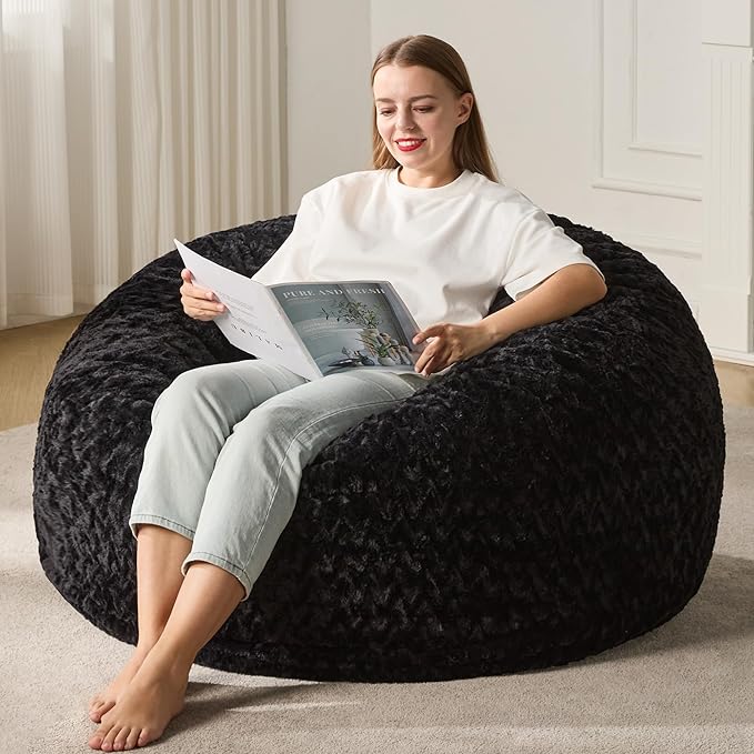 Hobestluk 4ft Bean Bag Chairs for Adults Large Beanbag Chair with Chevron Plush Fur Cover Big Bean Bag Chair for Living Room Bedroom Dorm Office - Black (44” x 44” x 24”)