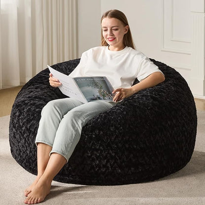 Hobestluk 4ft Bean Bag Chairs for Adults Large Beanbag Chair with Chevron Plush Fur Cover Big Bean Bag Chair for Living Room Bedroom Dorm Office - Black (44” x 44” x 24”)