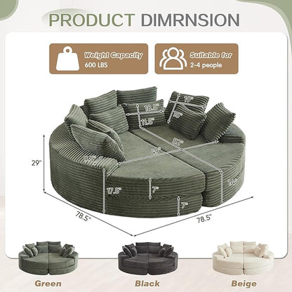 78-inch Oversized Round Chaise Lounge Chair Indoor, Convertible Folding Sofa Bed w/ 10 Pillows, Fluffy Corduroy Boneless Compressed Memory Foam Couch for Living Room, Bedroom (Green, Left & Right)