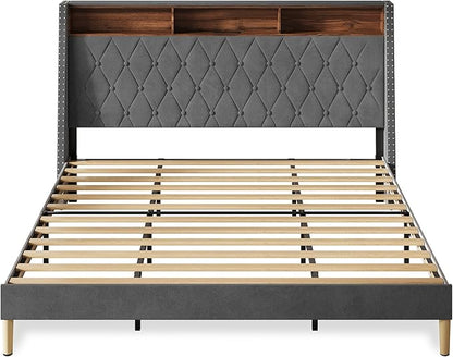 WLIVE King Size Upholstered Bed Frame with Storage Headboard, Velvet Square Tufted Platform Bed with Charging Station, Sturdy Metal & Wooden Slats Support, No Box Spring Needed, Grey