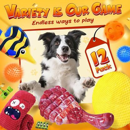 KIPRITII 12-Pack Large Dog Chew Toys for Aggressive Chewers - Includes Tough Chew Bone, Interactive Tug Toys, Squeaky Toys, Great for Medium & Large Breeds Dog