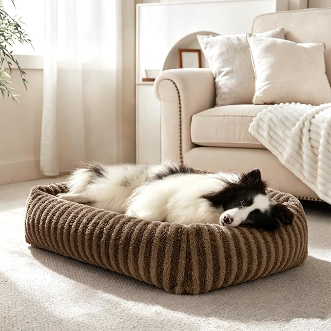 MIXJOY Dog Beds Large Sized Dogs, Washable Dog Bed with Removable Cover, Soft Rectangle Dogs Ded Fluffy Plush Faux Fur Pet Bed with Anti-Slip Bottom, 36"x27"x8",Brown