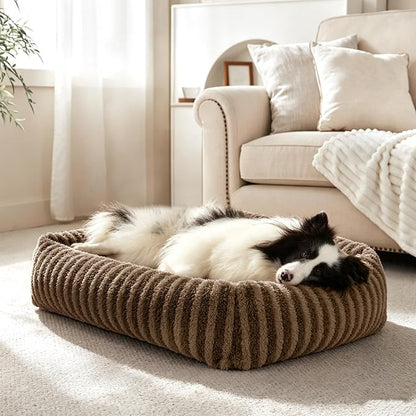 MIXJOY Dog Beds Large Sized Dogs, Washable Dog Bed with Removable Cover, Soft Rectangle Dogs Ded Fluffy Plush Faux Fur Pet Bed with Anti-Slip Bottom, 36"x27"x8",Brown