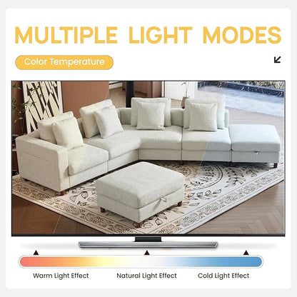 147" Curved Corner Reversible Chaise Chenille Sectional, L-Shaped Oversized Sofa with 6 Deep Plush Seats, with Ottoman & 4 Throw Pillows and Removable Covers, for Living Room and Apartment, Beige