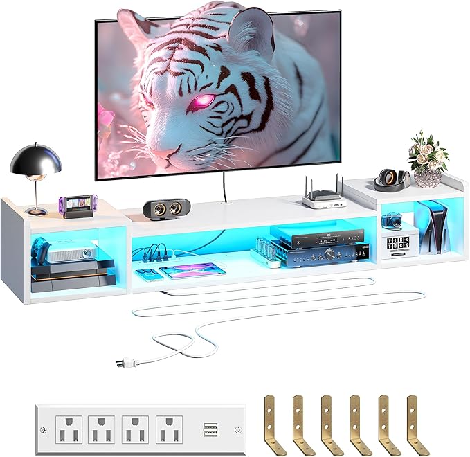 70.9"W Floating TV Stand with LED Lights & Power Outlets