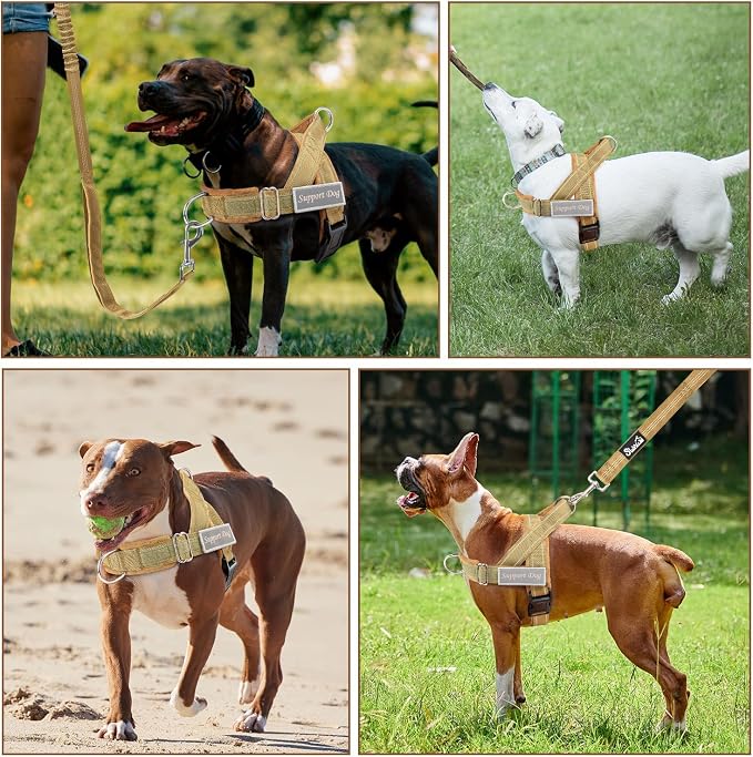 SlowTon No Pull Dog Harness with Front Clip - Heavy Duty, Soft Padded | Neck & Chest Adjustable, Tactical Pet Vest and Leash Set for Large Medium Sized Dogs, for Easy Walk & Training, Tan XL