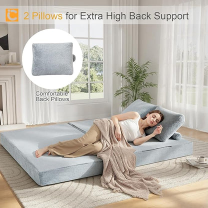 COMAX Convertible Sofa Bed, Folding Floor Couch Fold Out Couch Bed Futon Sleeper Mattress with Pillows, Boneless Sofa Comfy Lounge Loveseat for Living Room Bedroom, Snow Light Grey