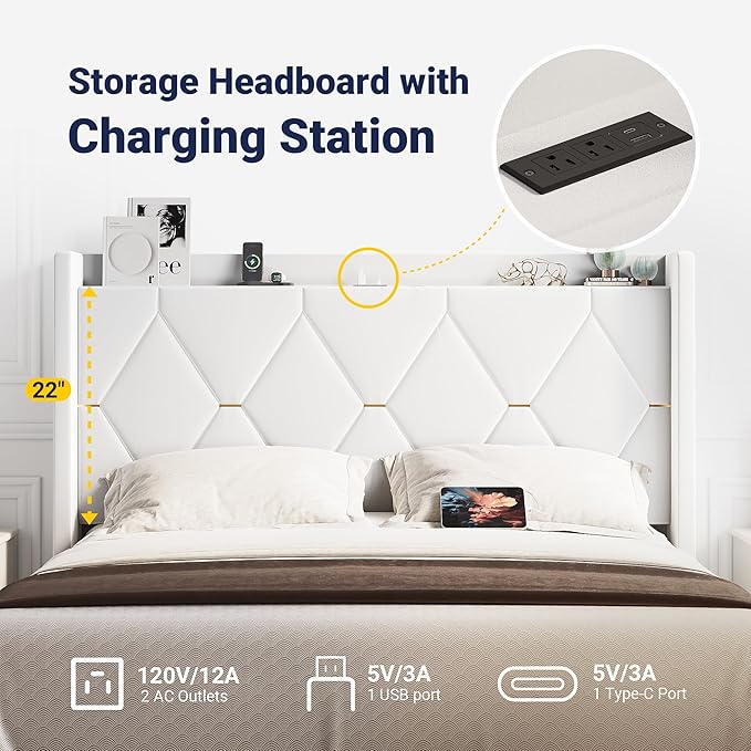 Allewie Velvet Full Size Upholstered Bed Frame with Wingback Storage Headboard & Charging Station, Platform Bed with Diamond Tufted Design & Gold Trim, No Box Spring Needed, Easy Assembly, White