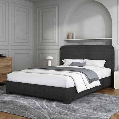 BarnFurin Queen Bed Frame, Boucle Upholstered Platform Bed Frame with Headboard, Modern Style, Soft Rounded Corners, No Box Spring Required, Easy Assembly, Black